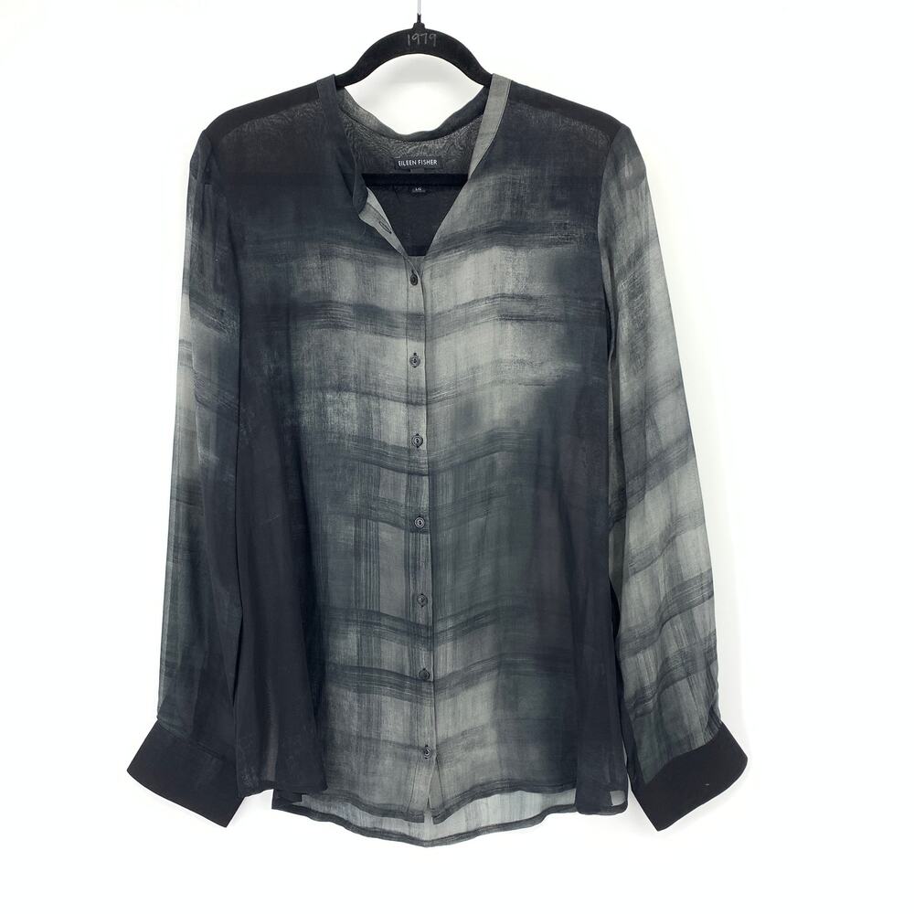 Eileen Fisher Women's L Black Gray Silk Sheer Plaid Button Front Blouse Shirt